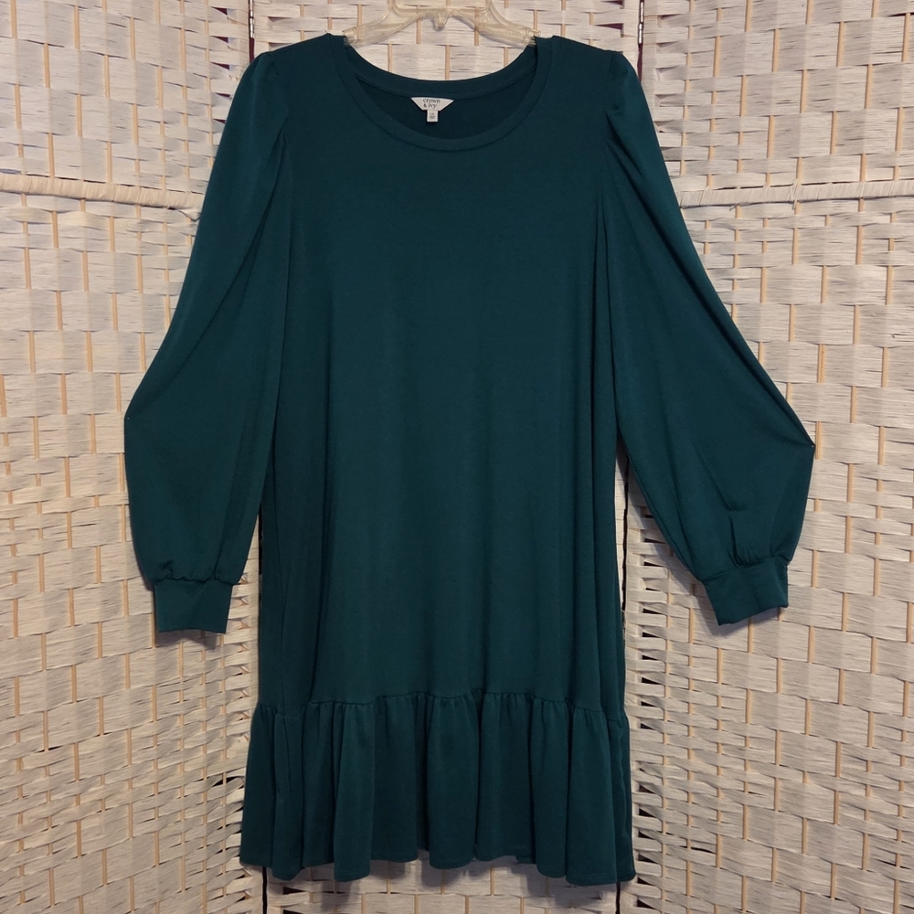 Green Long Sleeve Women's Ruffled Dress, Crown&Ivy, 1X